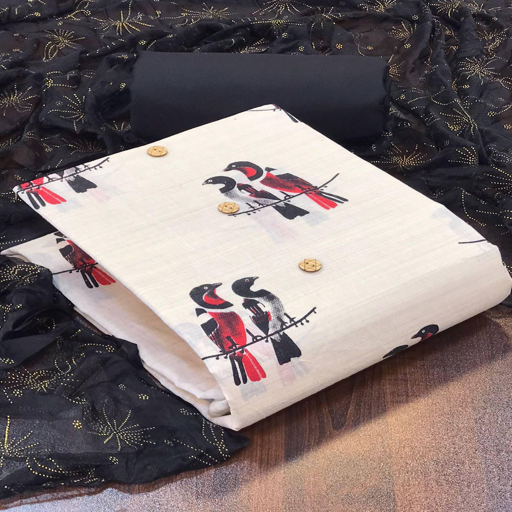 Off White - Black Casual Wear Printed Cotton Dress Material - Peachmode
