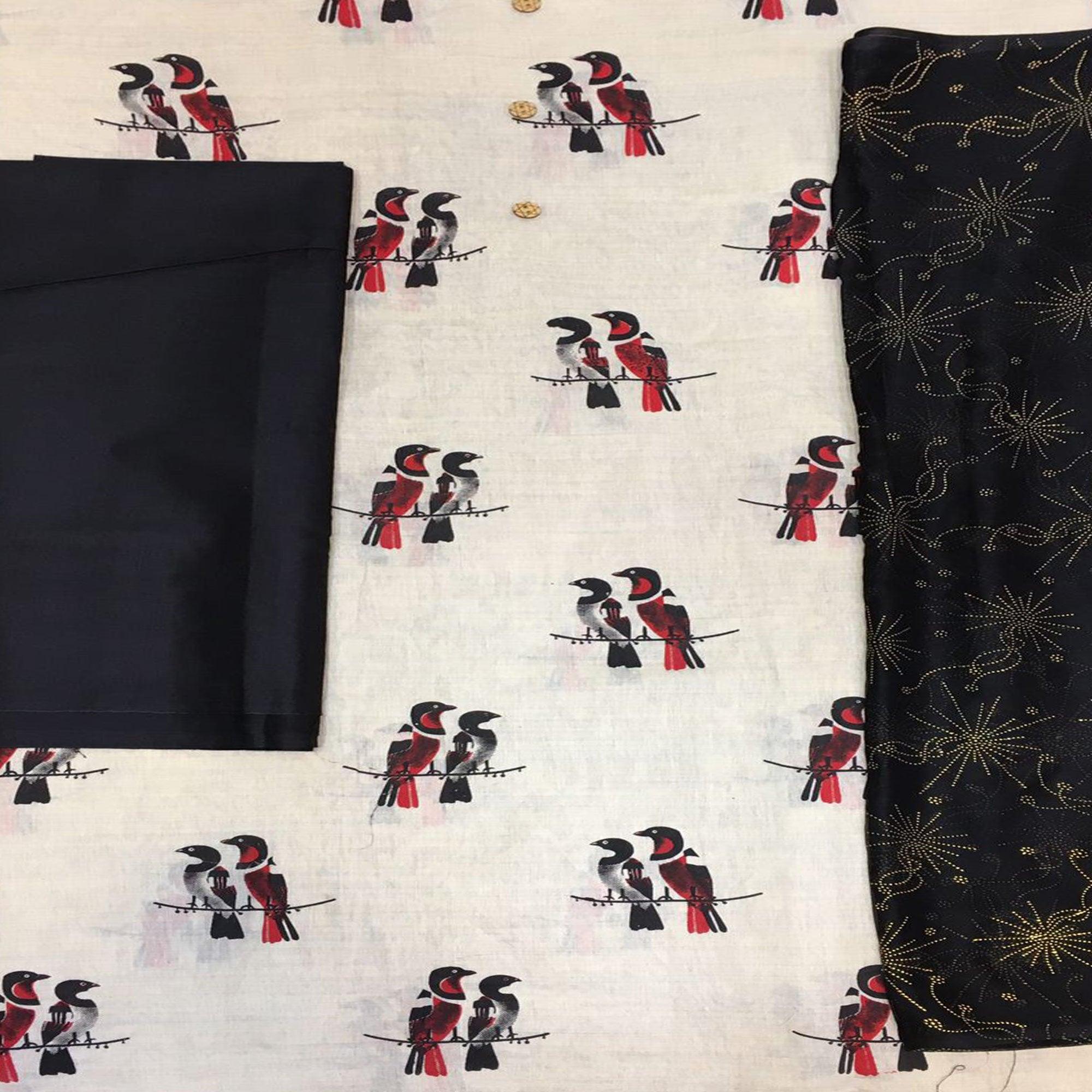 Off White - Black Casual Wear Printed Cotton Dress Material - Peachmode