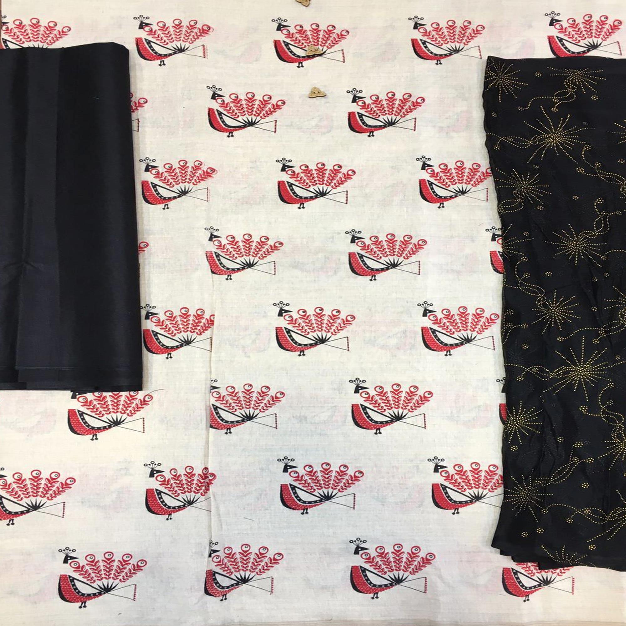 Off White - Black Casual Wear Printed Cotton Dress Material - Peachmode