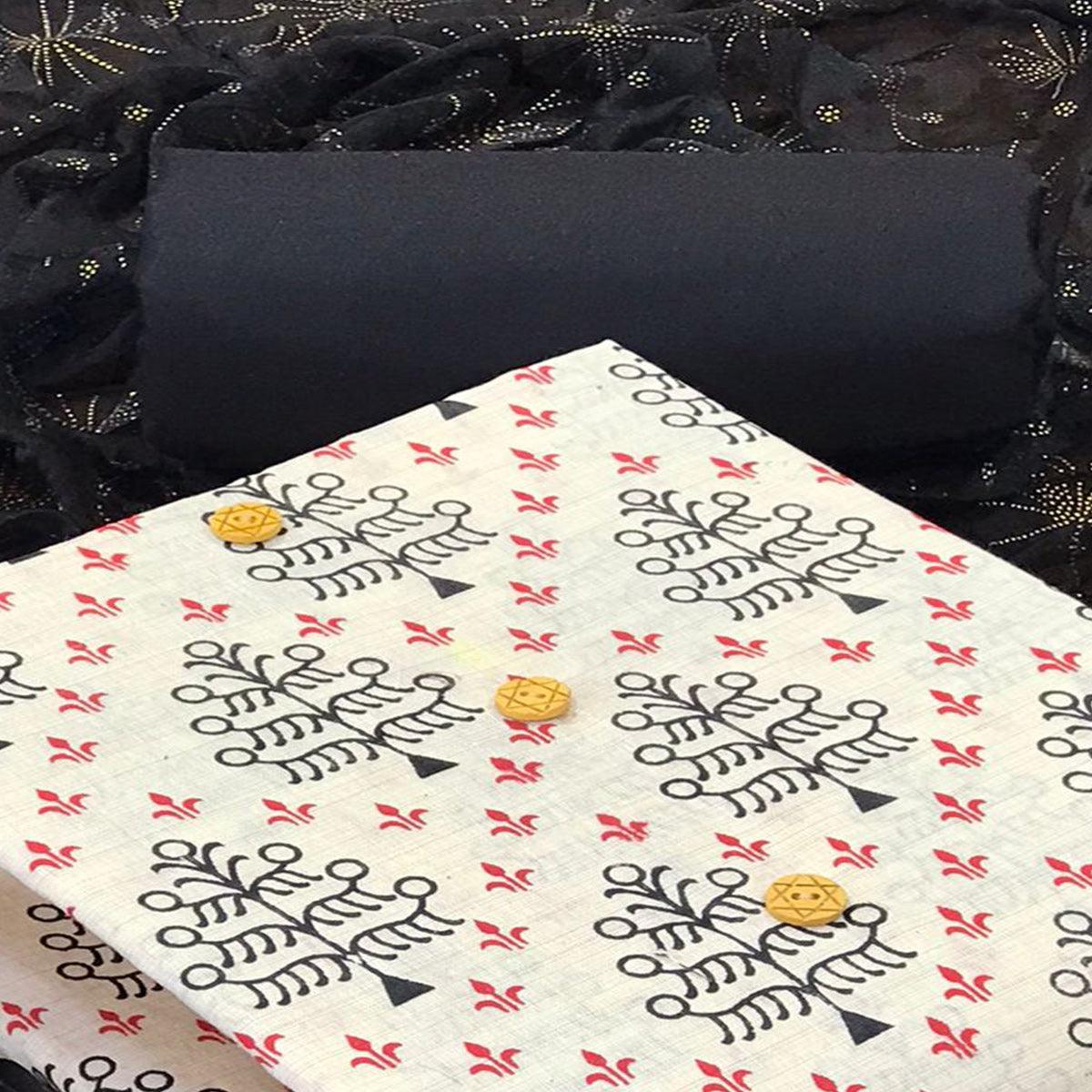 Off White - Black Casual Wear Printed Cotton Dress Material - Peachmode