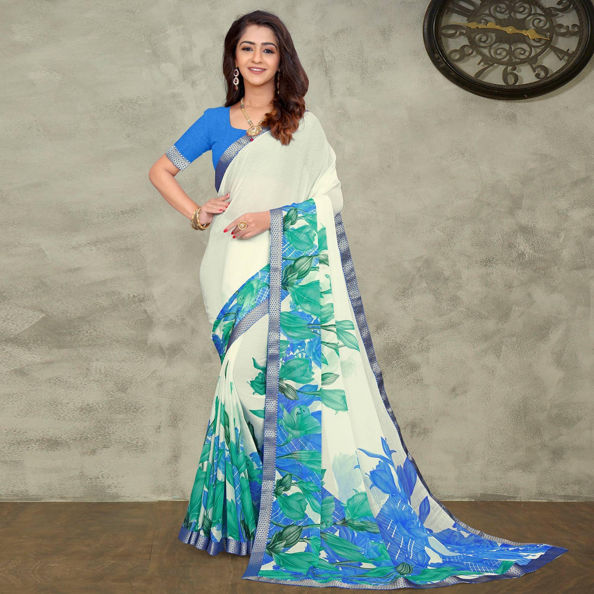 Off White-Blue Casual Wear Floral Printed Chiffon Saree - Peachmode