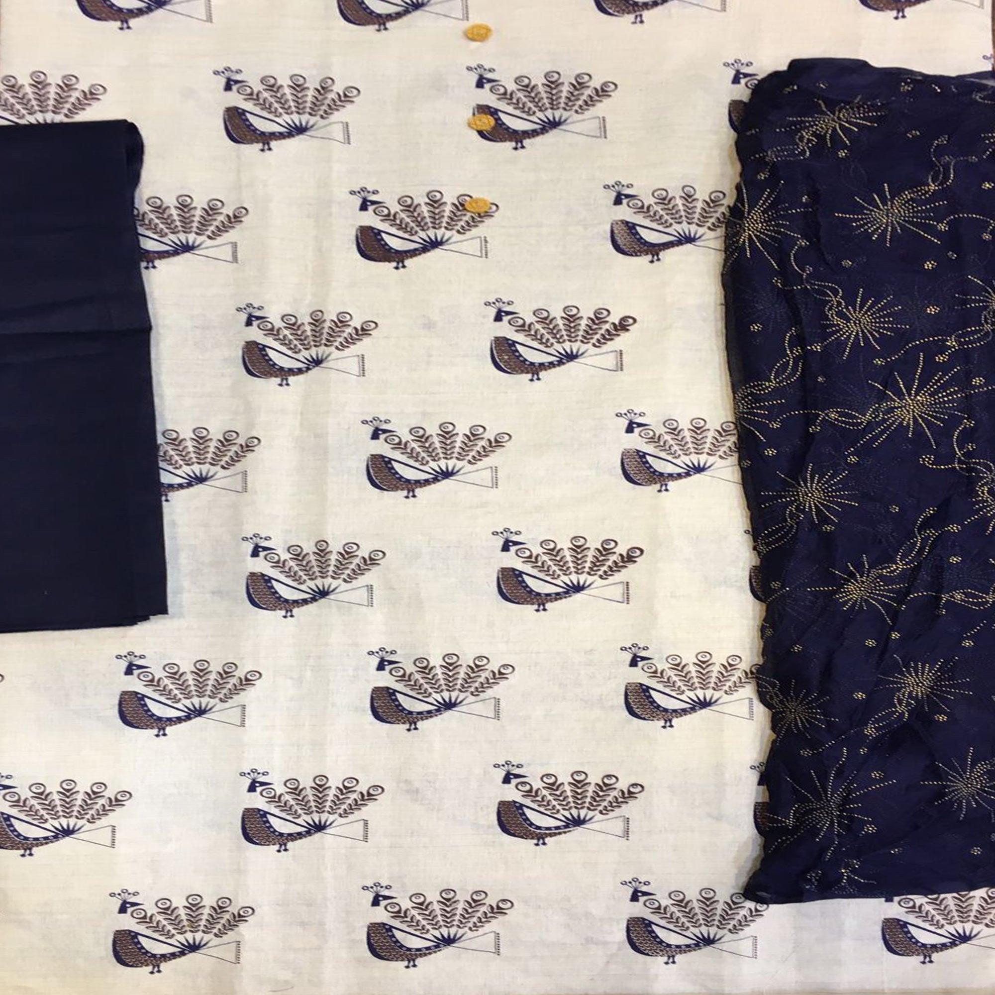 Off White - Blue Casual Wear Printed Cotton Dress Material - Peachmode