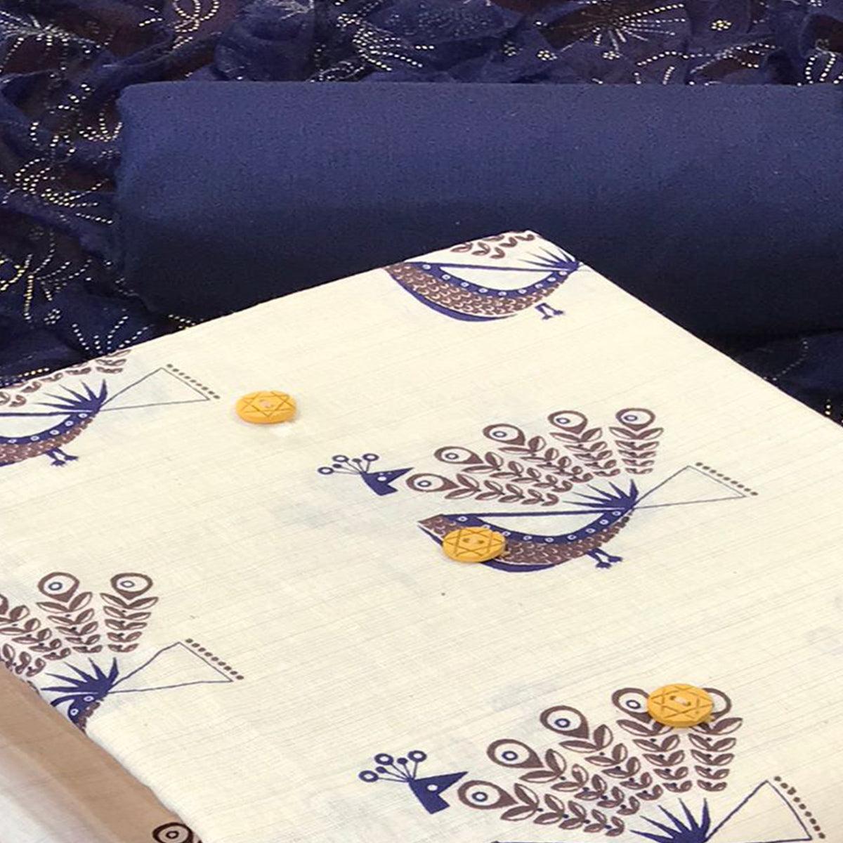 Off White - Blue Casual Wear Printed Cotton Dress Material - Peachmode