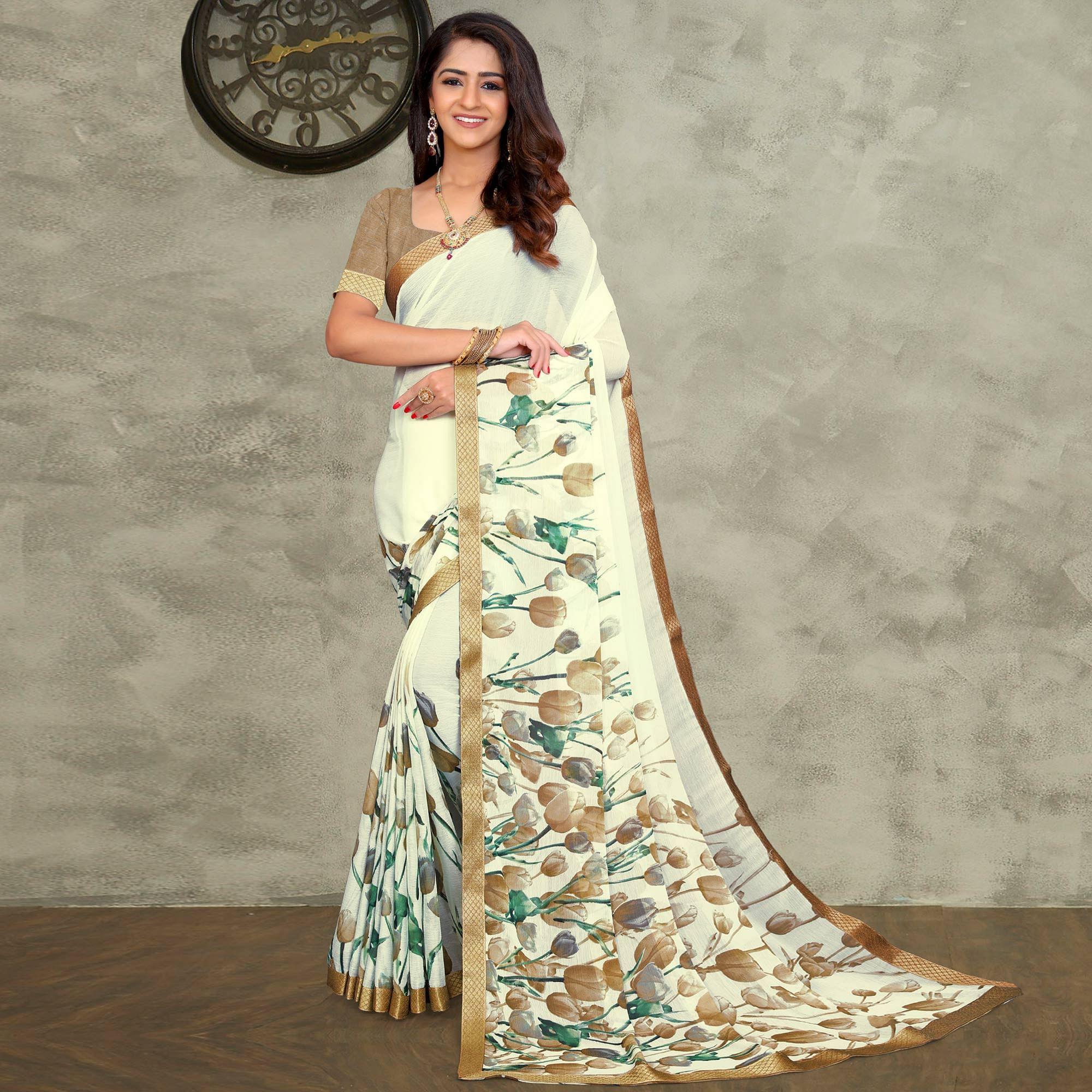 Off White-Brown Casual Wear Floral Printed Chiffon Saree - Peachmode