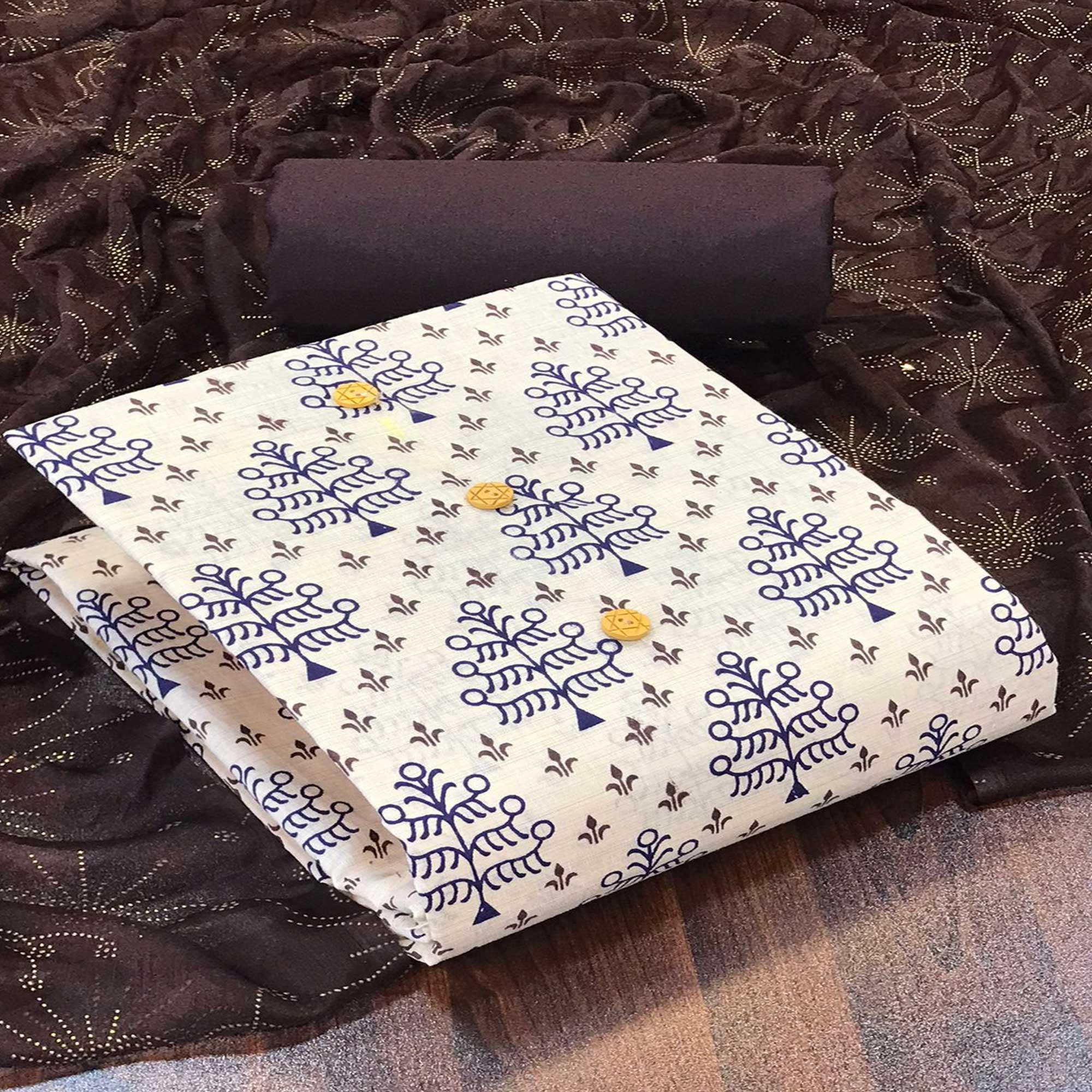 Off White - Brown Casual Wear Printed Cotton Dress Material - Peachmode