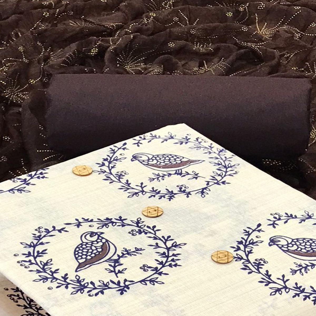 Off White - Brown Casual Wear Printed Cotton Dress Material - Peachmode