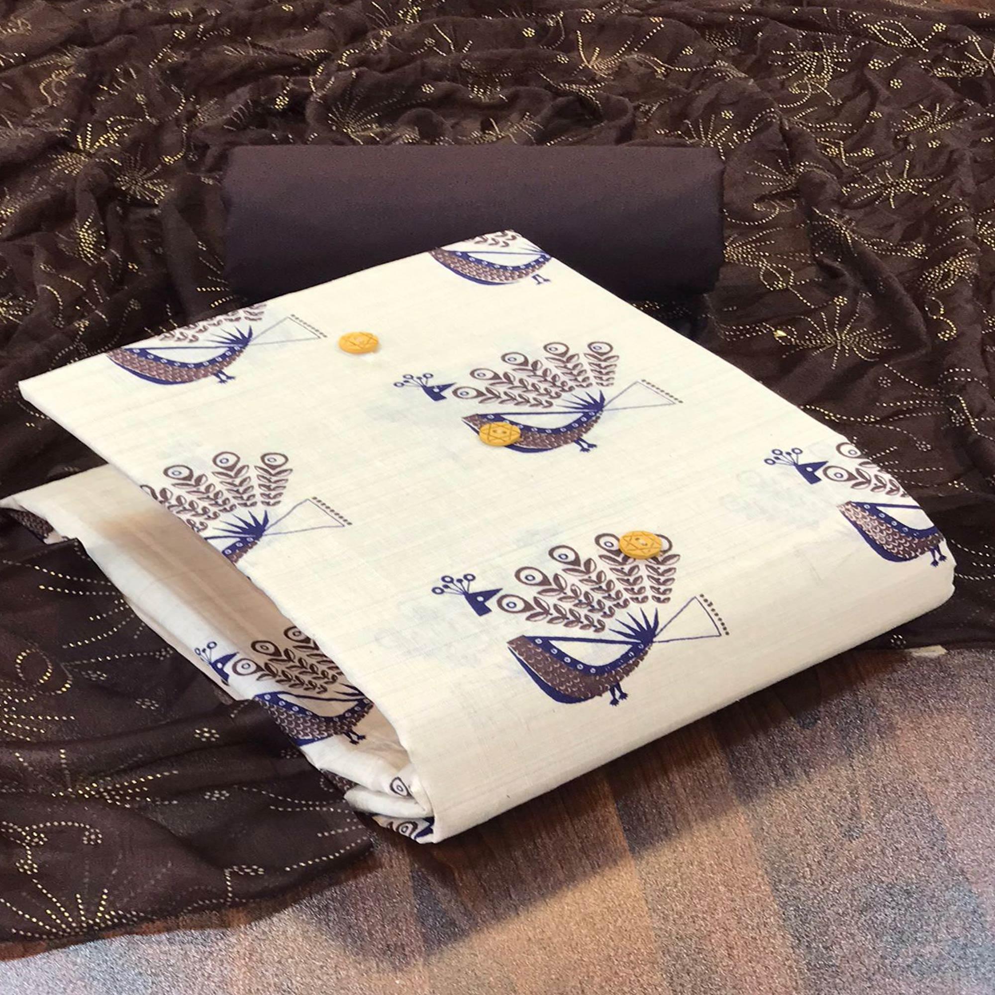 Off White - Brown Kalamkari Printed Cotton Blend Dress Material - Peachmode