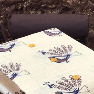 Off White - Brown Kalamkari Printed Cotton Blend Dress Material - Peachmode