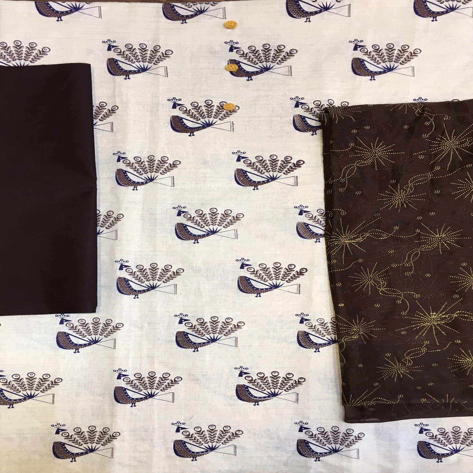 Off White - Brown Kalamkari Printed Cotton Blend Dress Material - Peachmode