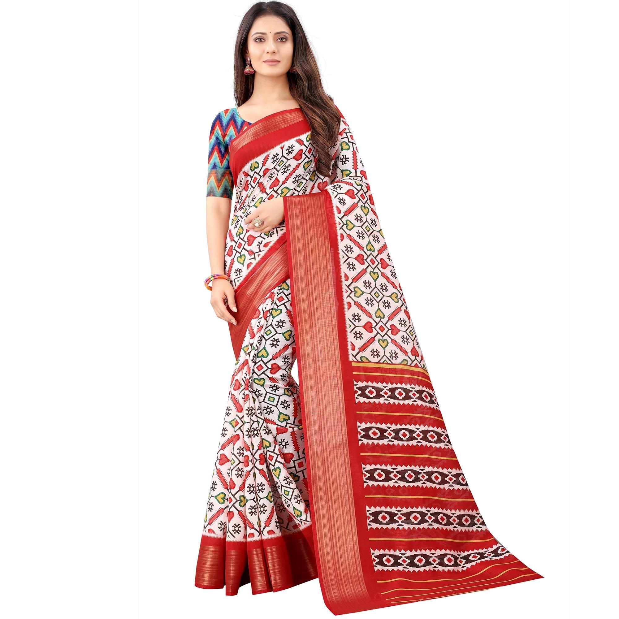 Off White Casual Wear Designer Hand Block Printed Cotton Linen Saree - Peachmode