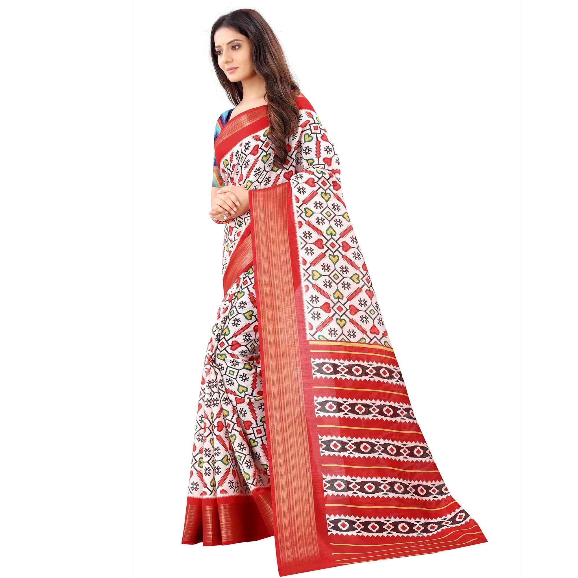 Off White Casual Wear Designer Hand Block Printed Cotton Linen Saree - Peachmode