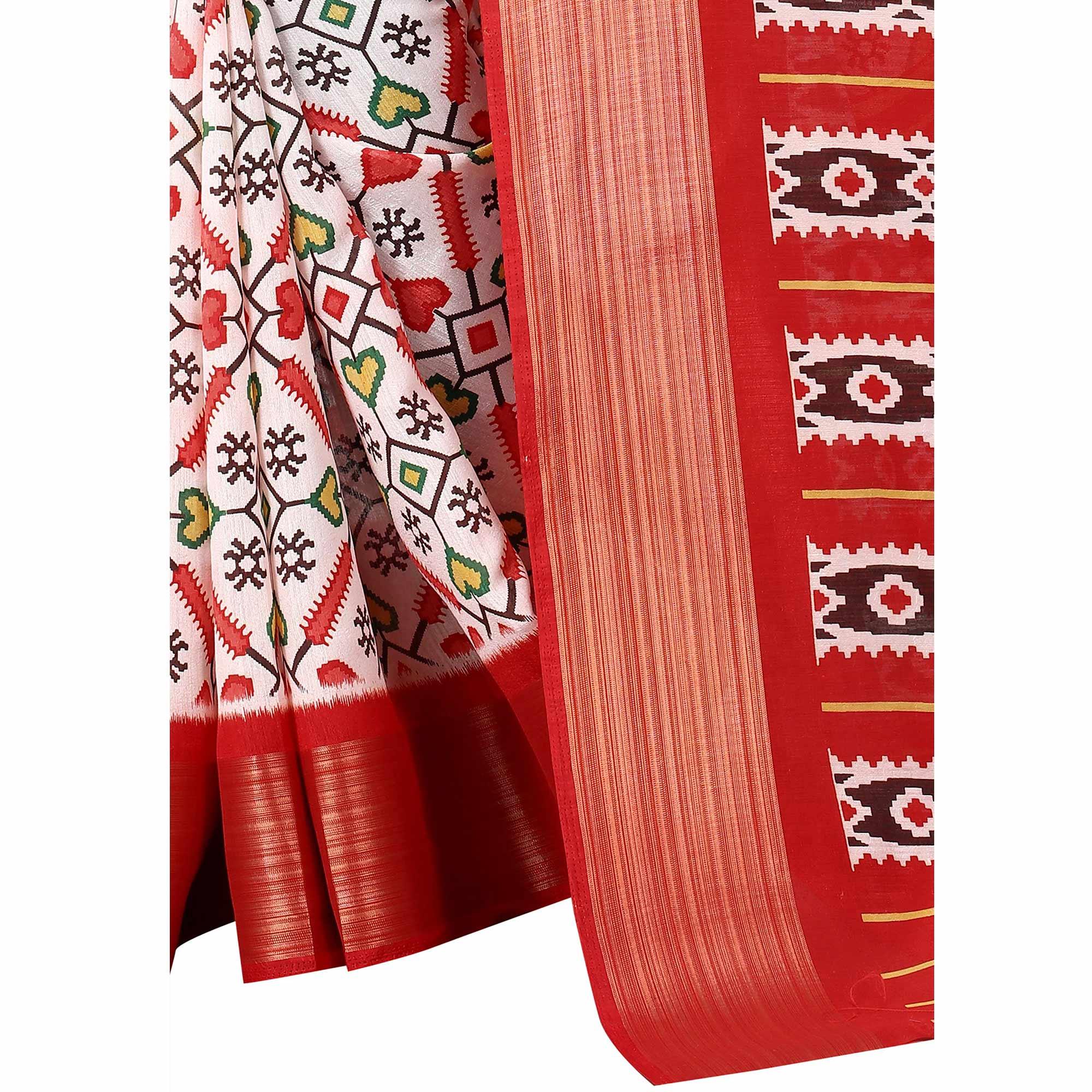 Off White Casual Wear Designer Hand Block Printed Cotton Linen Saree - Peachmode