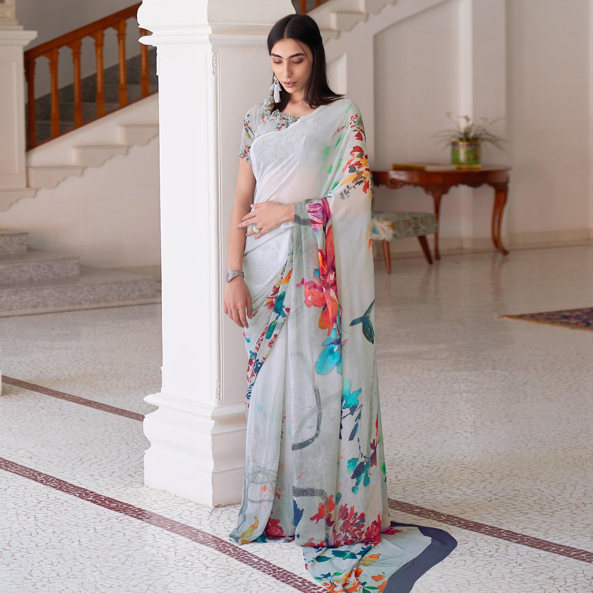 Off White Casual Wear Digital Printed Satin Georgette Saree - Peachmode
