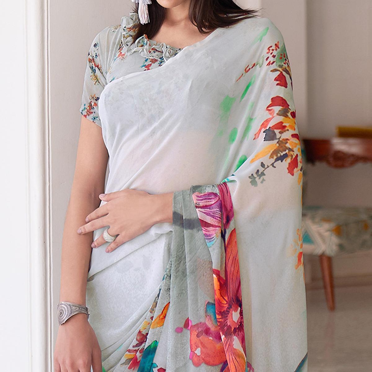 Off White Casual Wear Digital Printed Satin Georgette Saree - Peachmode