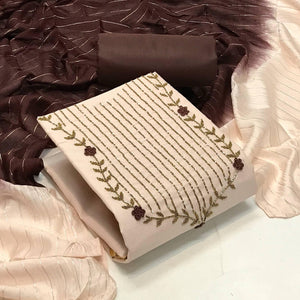 Off-White Casual Wear Embroidered Cotton Dress Material - Peachmode