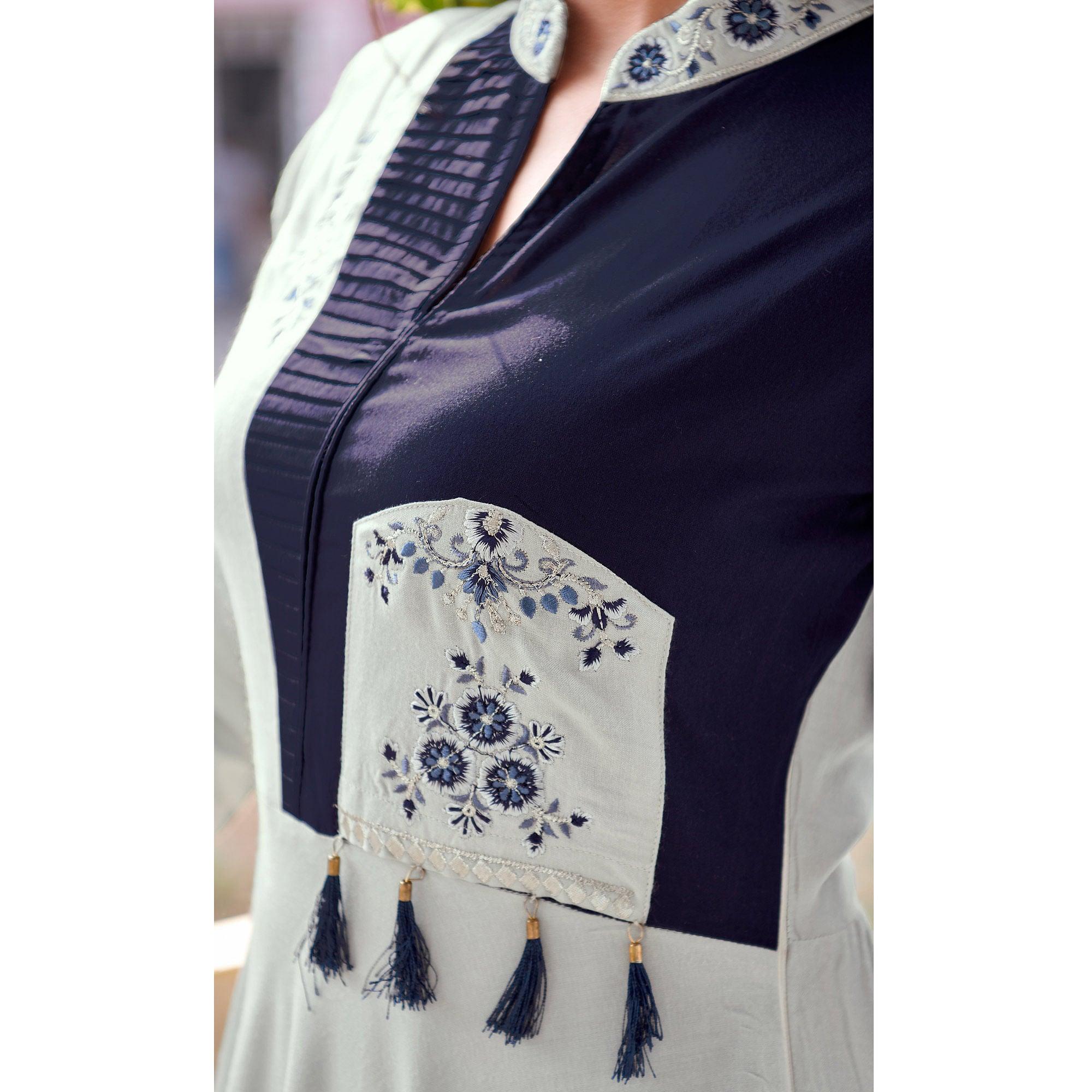 Off-White Casual Wear Embroidered Rayon Gown - Peachmode