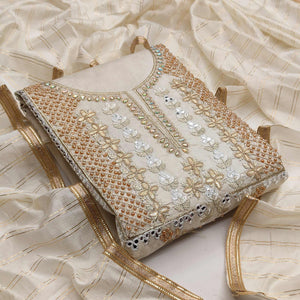 Off-White Casual Wear Floral Embroidery With Hand Work Modal Chanderi Dress Material - Peachmode