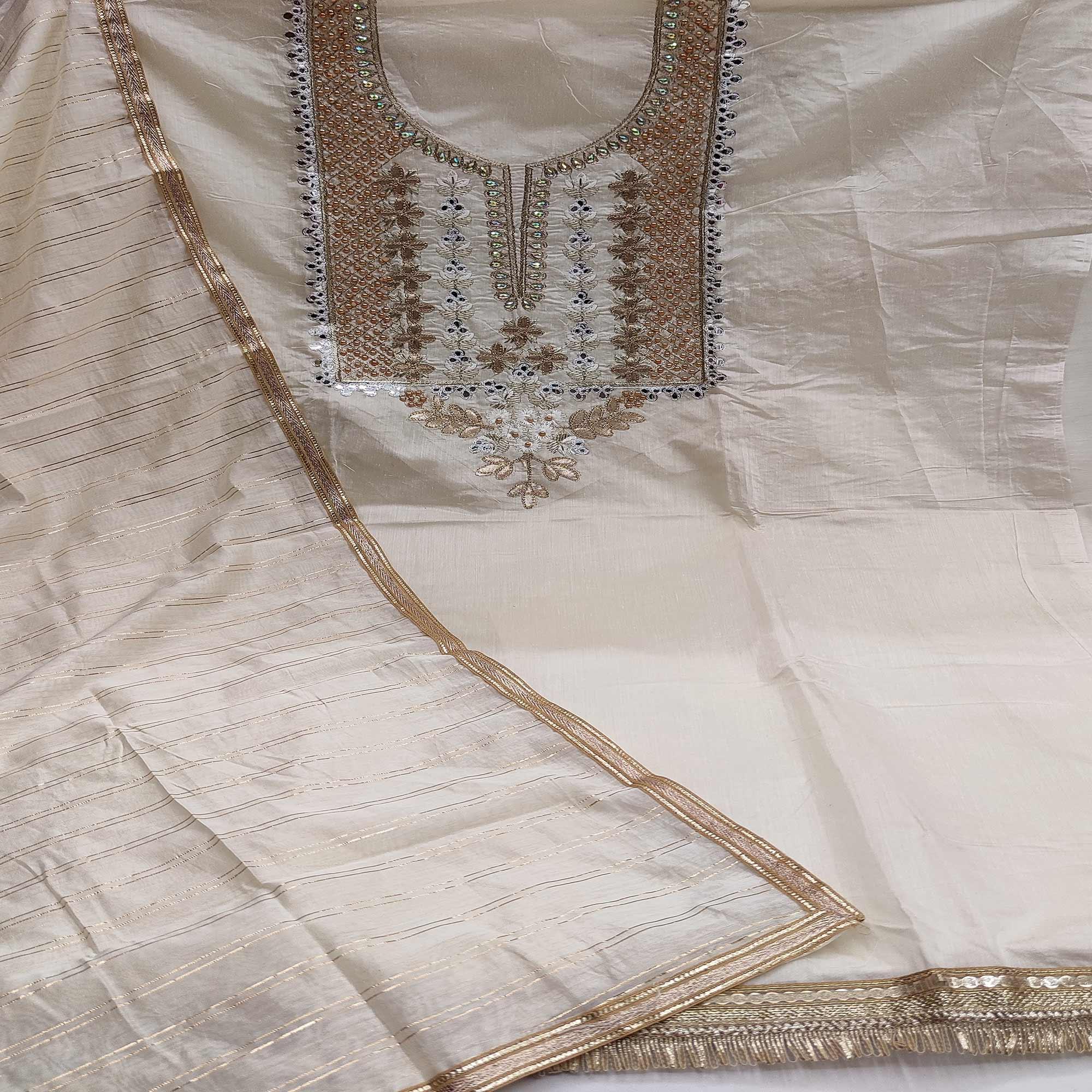 Off-White Casual Wear Floral Embroidery With Hand Work Modal Chanderi Dress Material - Peachmode