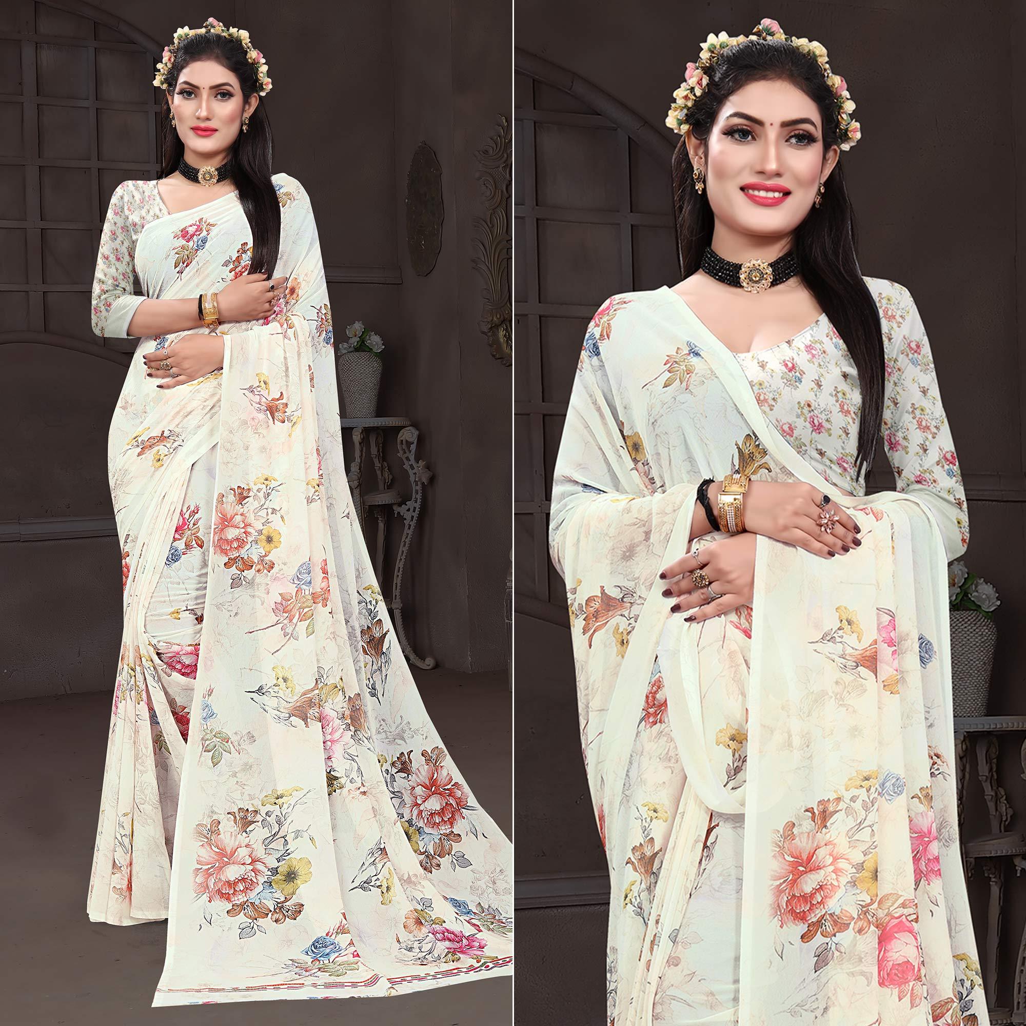 Off-White Casual Wear Floral Printed Georgette Saree - Peachmode