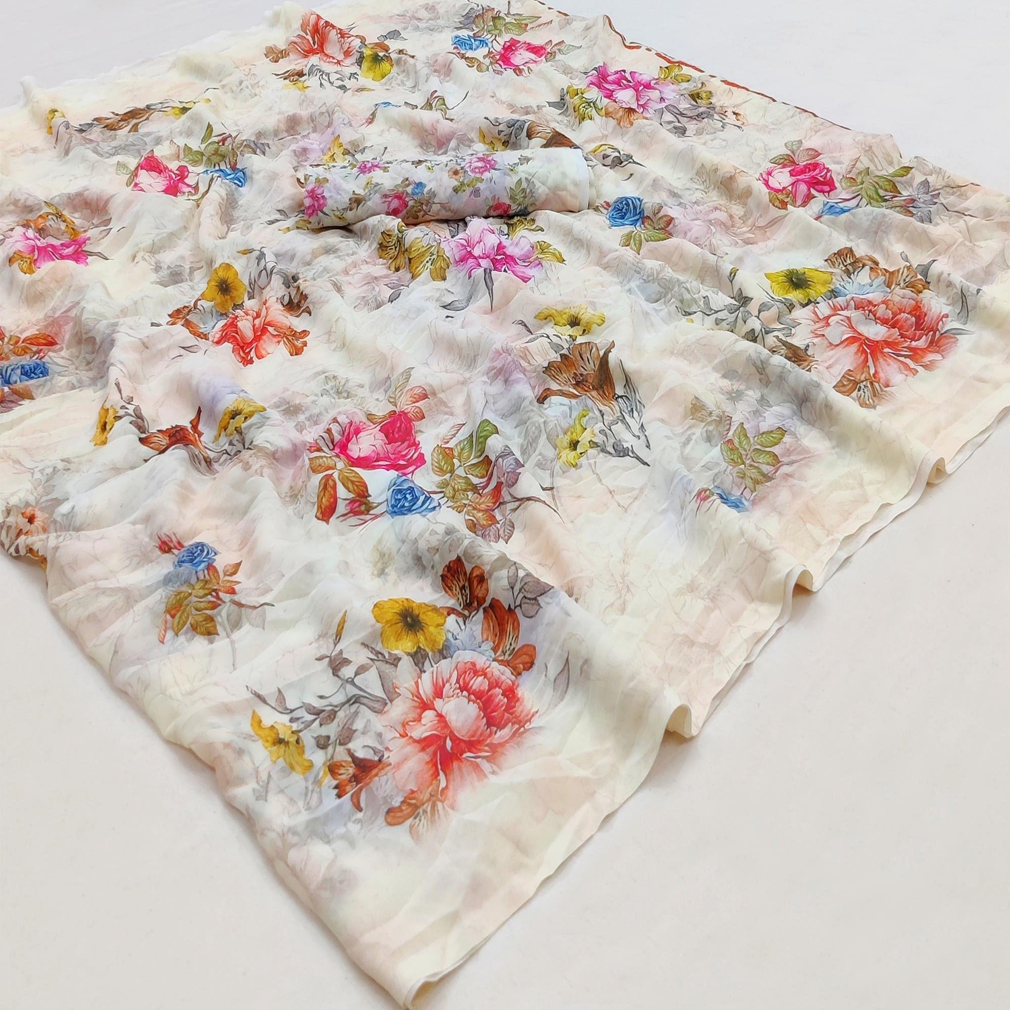 Off-White Casual Wear Floral Printed Georgette Saree - Peachmode