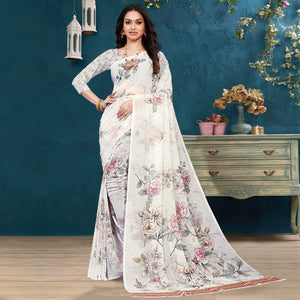 Off White Casual Wear Floral Printed Georgette Saree - Peachmode