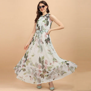 Off White Casual Wear Floral Printed Organza Dress - Peachmode