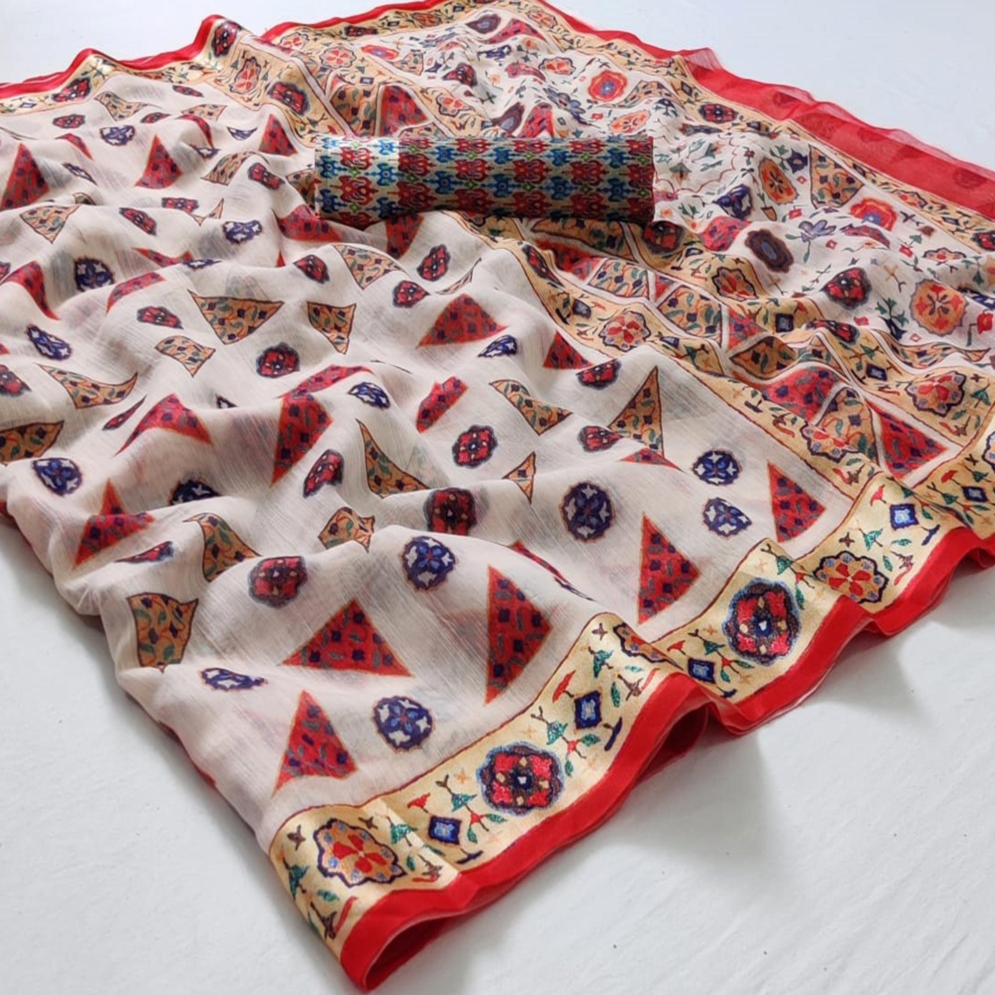 Off-White Casual Wear Geometric Digital Printed Linen Saree - Peachmode