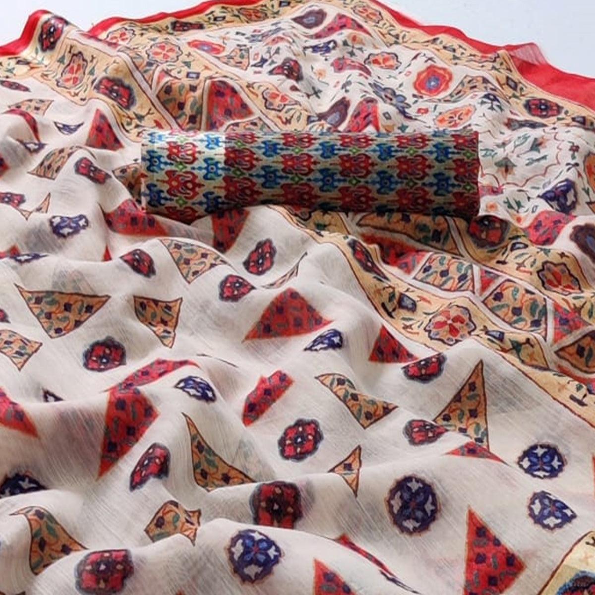 Off-White Casual Wear Geometric Digital Printed Linen Saree - Peachmode