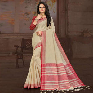 Off White Casual Wear Jari Border And Pallu Linen Saree - Peachmode