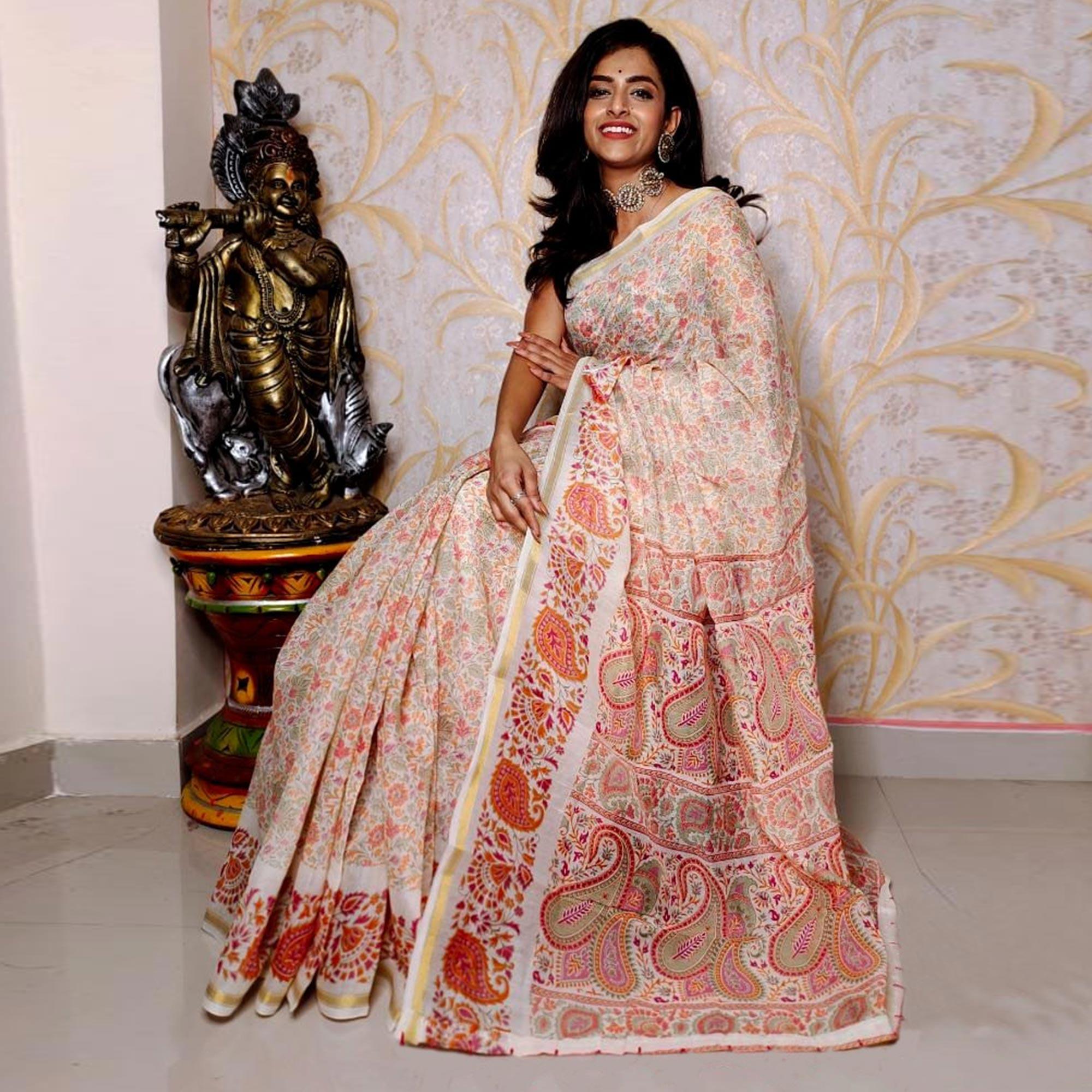 Off-White Casual Wear Printed Cotton Silk Saree - Peachmode