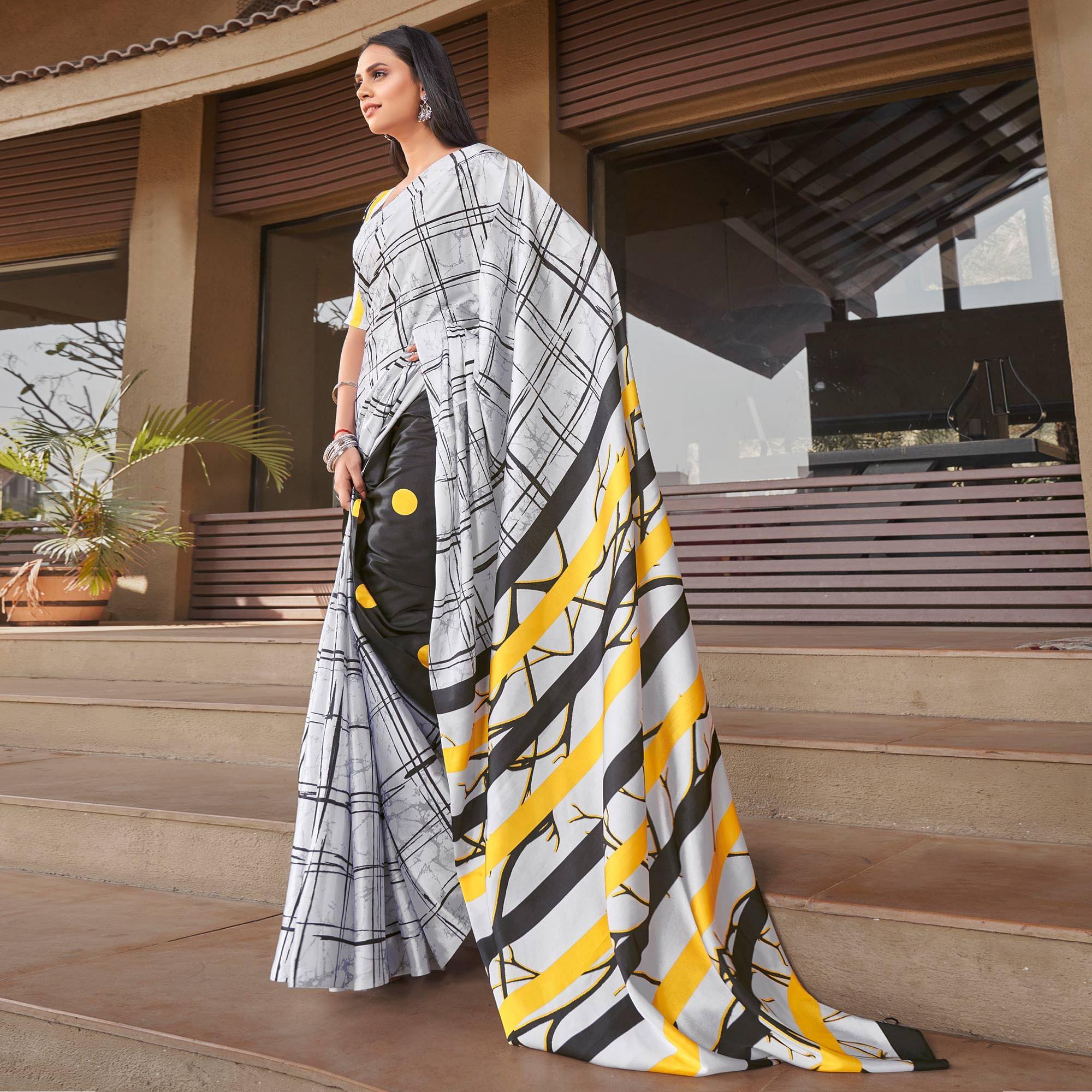 Off-White Casual Wear Printed Satin Silk Saree - Peachmode
