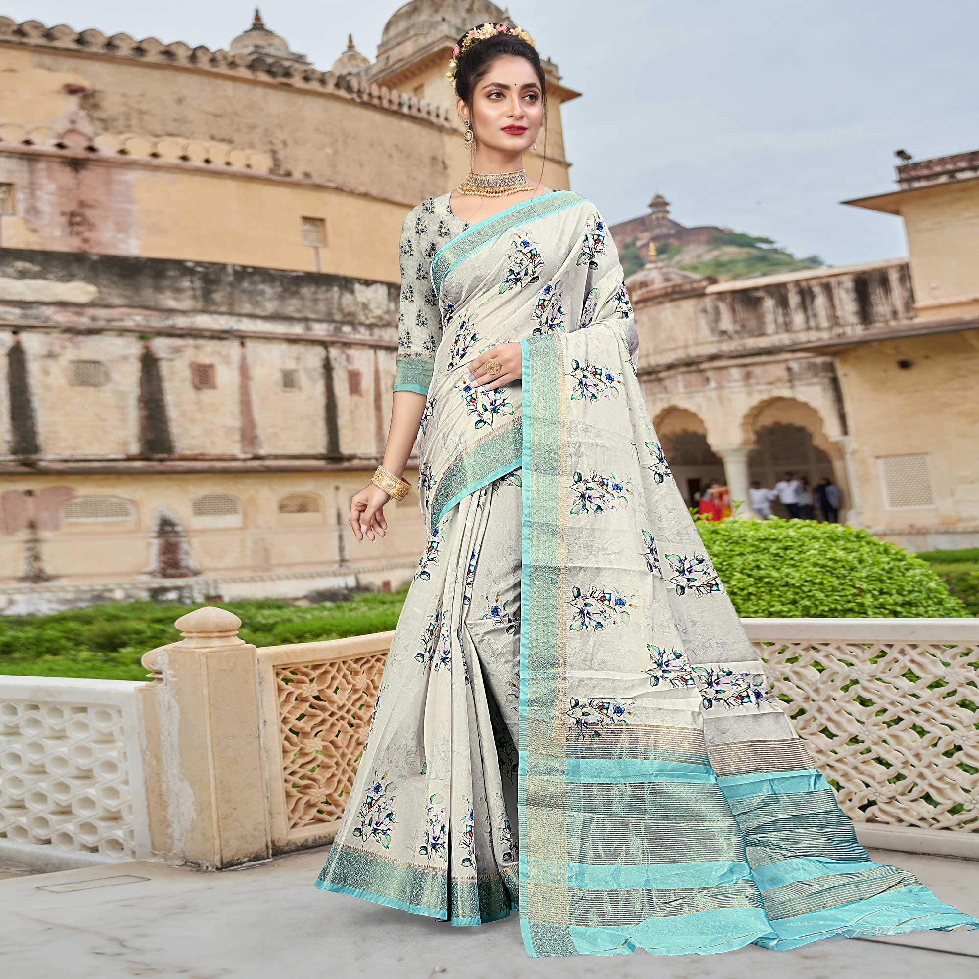 Off-White Digital Printed Dola Silk Saree - Peachmode