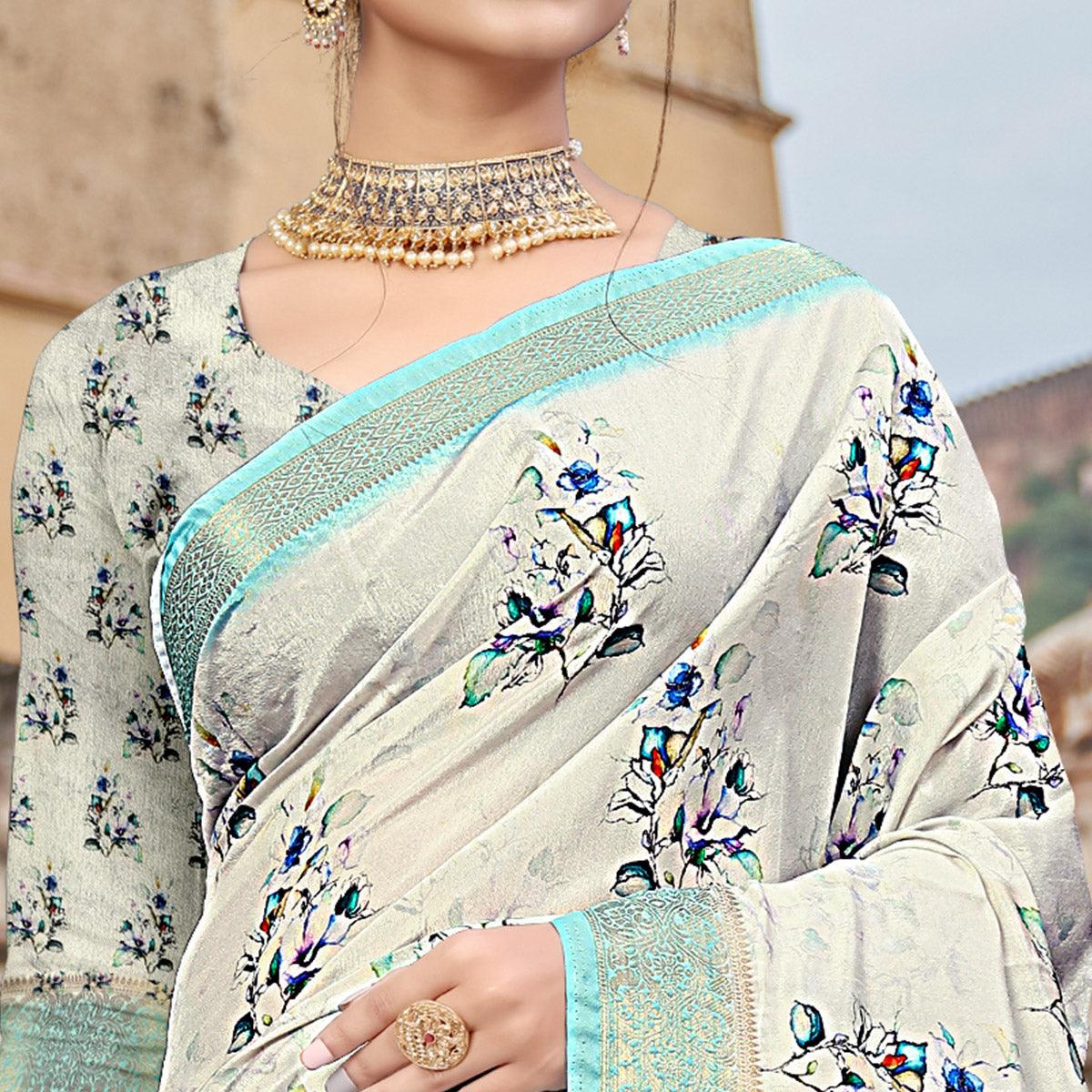 Off-White Digital Printed Dola Silk Saree - Peachmode