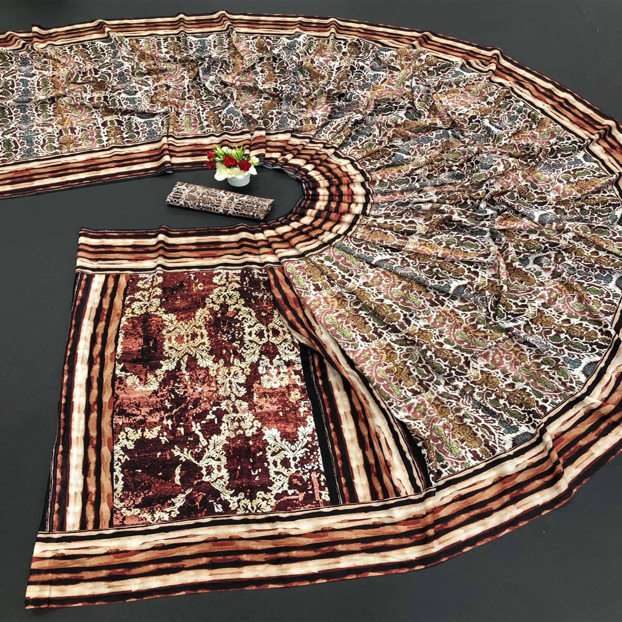 Off-White Digital Printed Vichitra Silk Saree - Peachmode