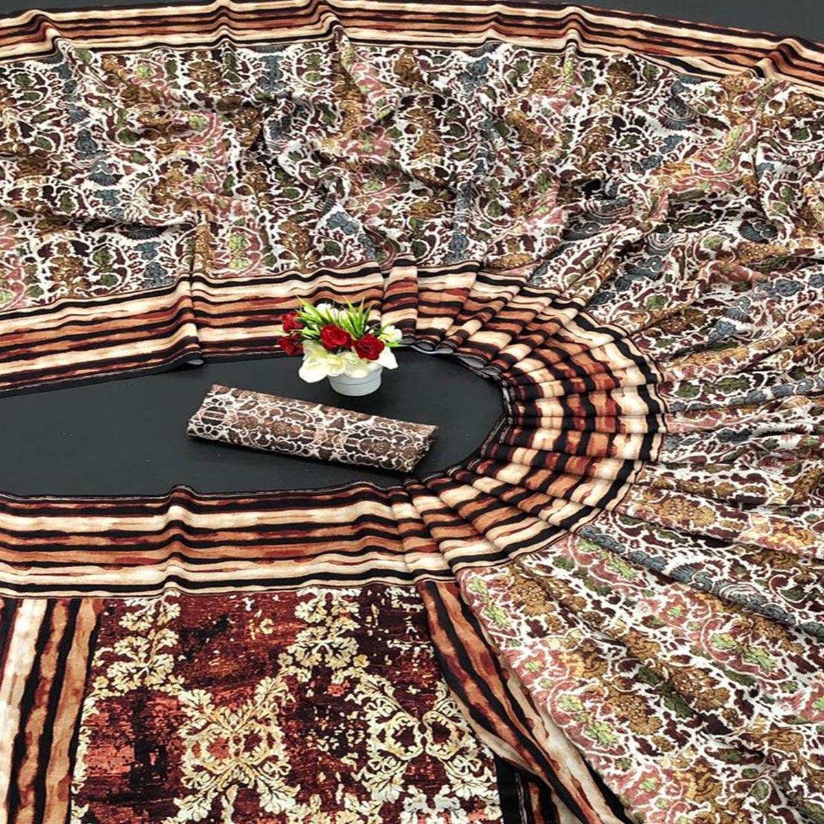 Off-White Digital Printed Vichitra Silk Saree - Peachmode