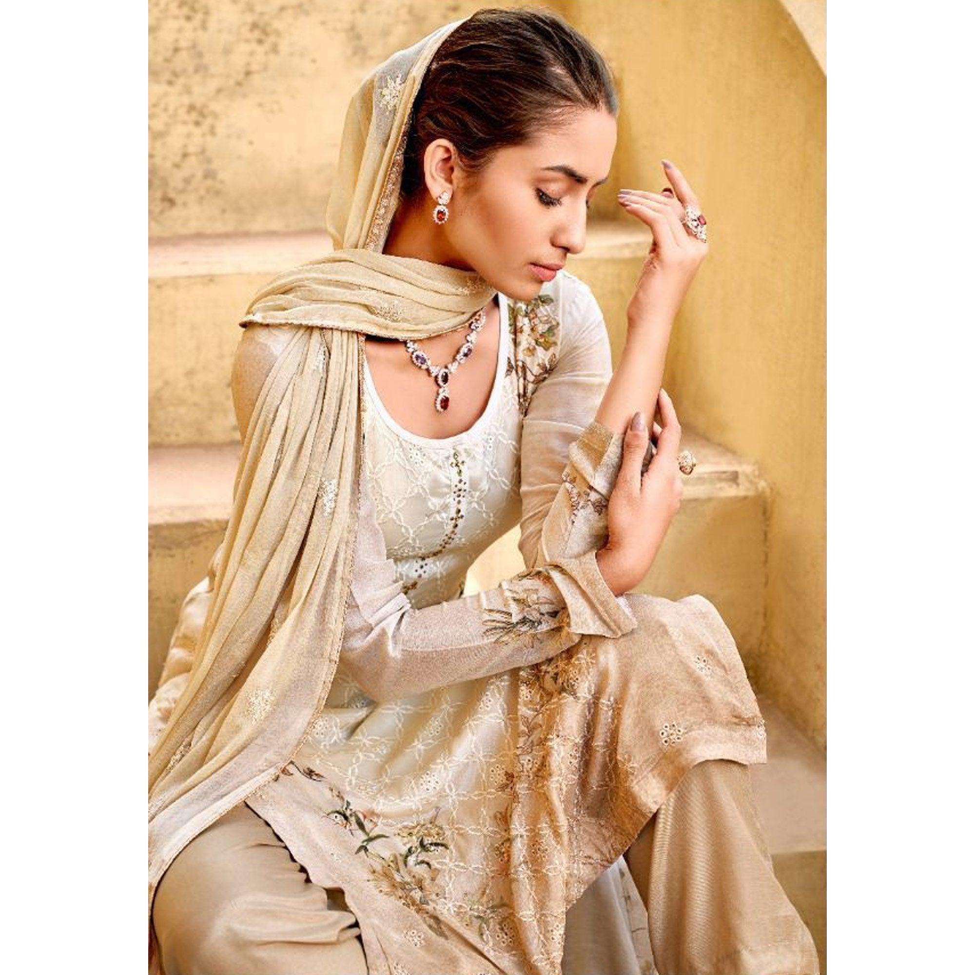 Off White Embellished & Embroidered Chiffon Partywear Suit - Peachmode