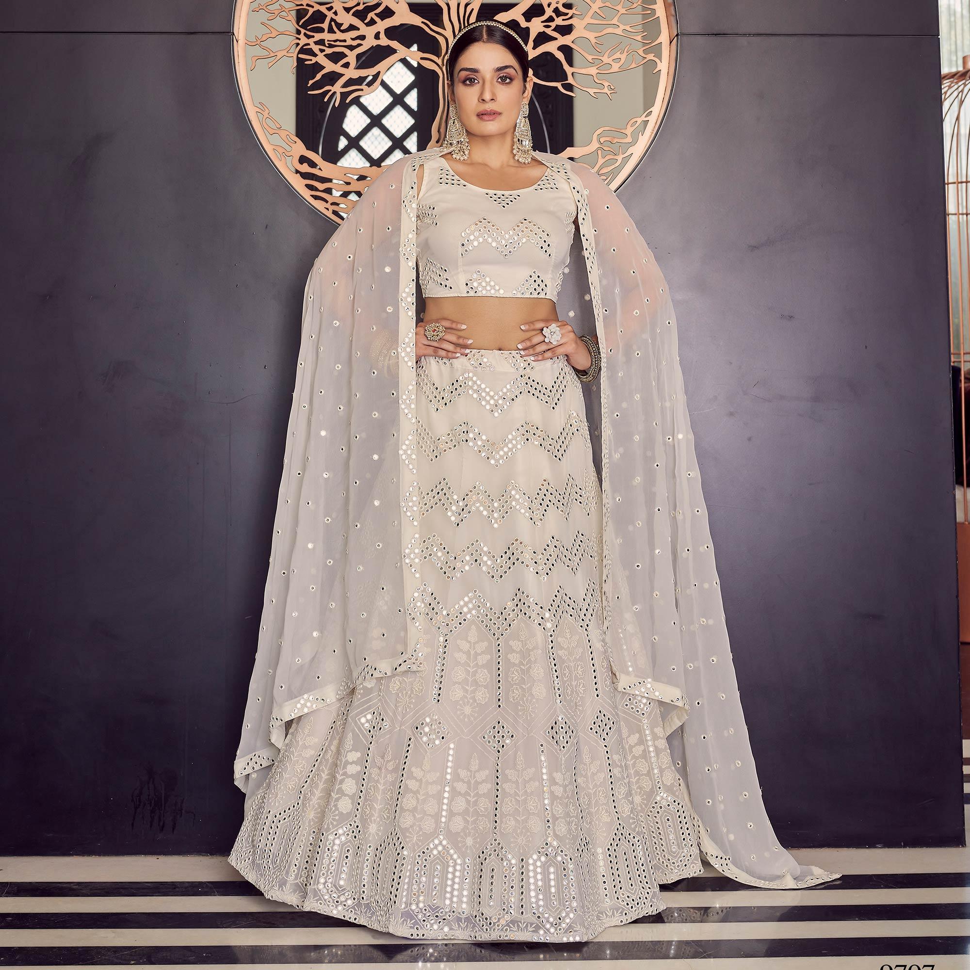 Off-White Embellished With Embroidered Georgette Lehenga Choli - Peachmode