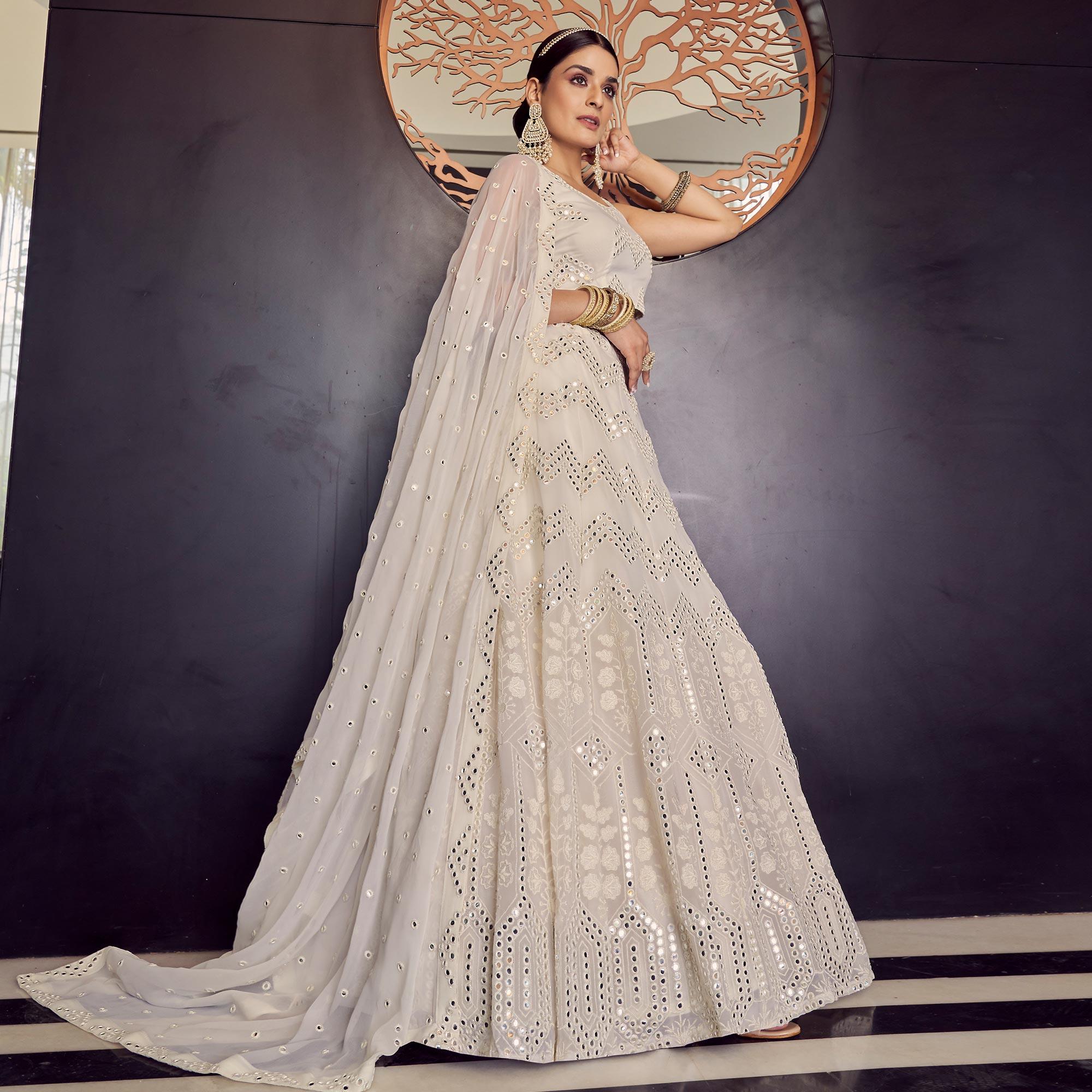 Off-White Embellished With Embroidered Georgette Lehenga Choli - Peachmode