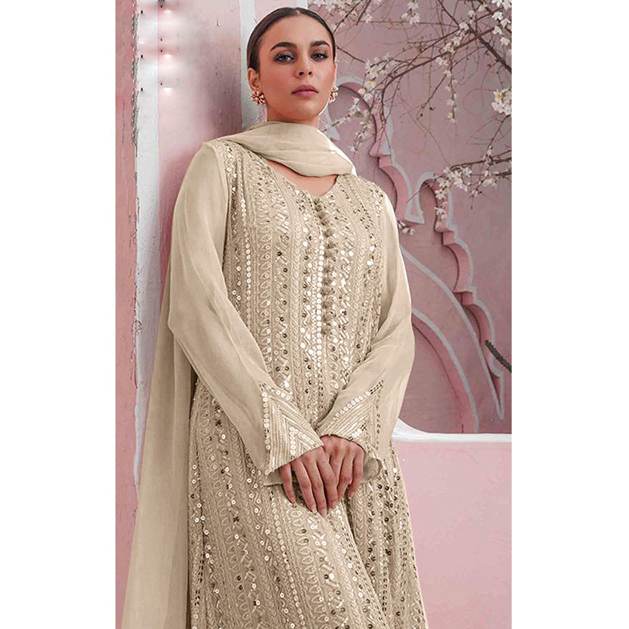 Off-White Embellished With Embroidered Georgette Palazzo Suit - Peachmode
