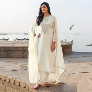 Off-White Emboidered Designer Georgette Partywear Suit - Peachmode