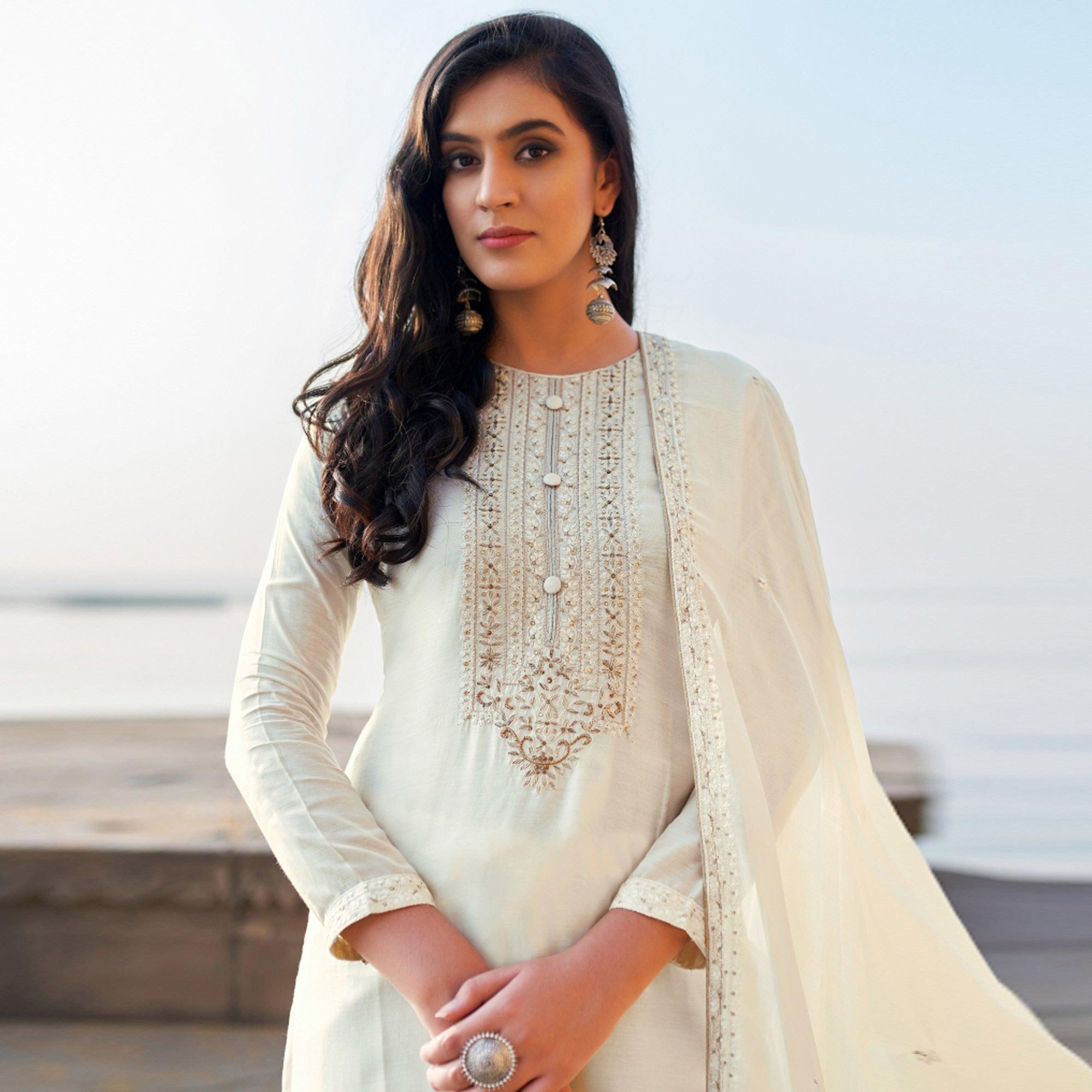Off-White Emboidered Designer Georgette Partywear Suit - Peachmode
