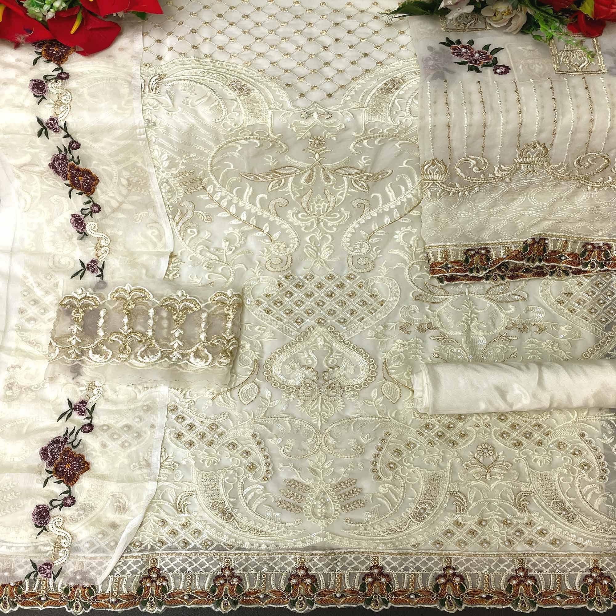 Off White Embroidered Georgette Pakistani Suit - Peachmode