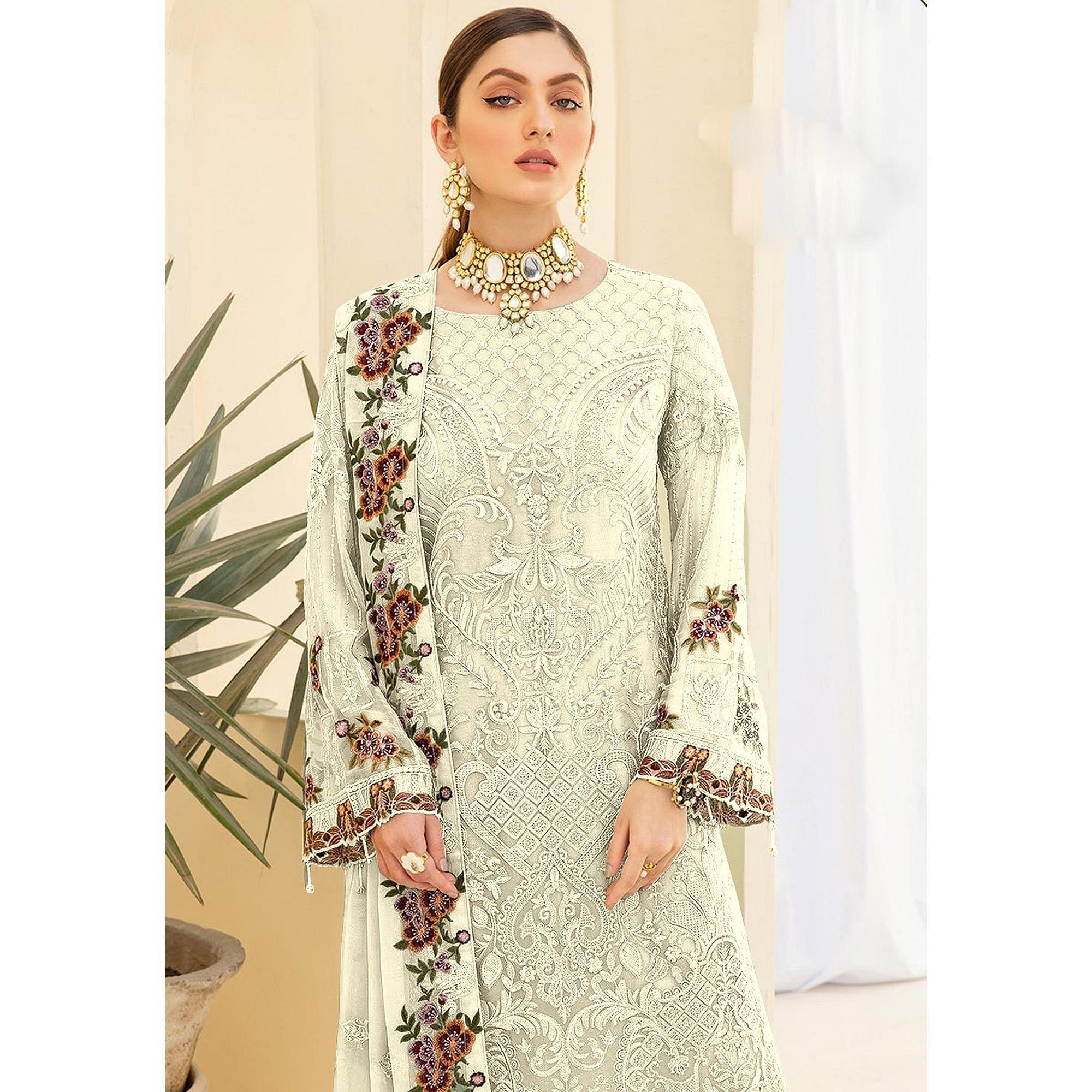 Off White Embroidered Georgette Pakistani Suit - Peachmode