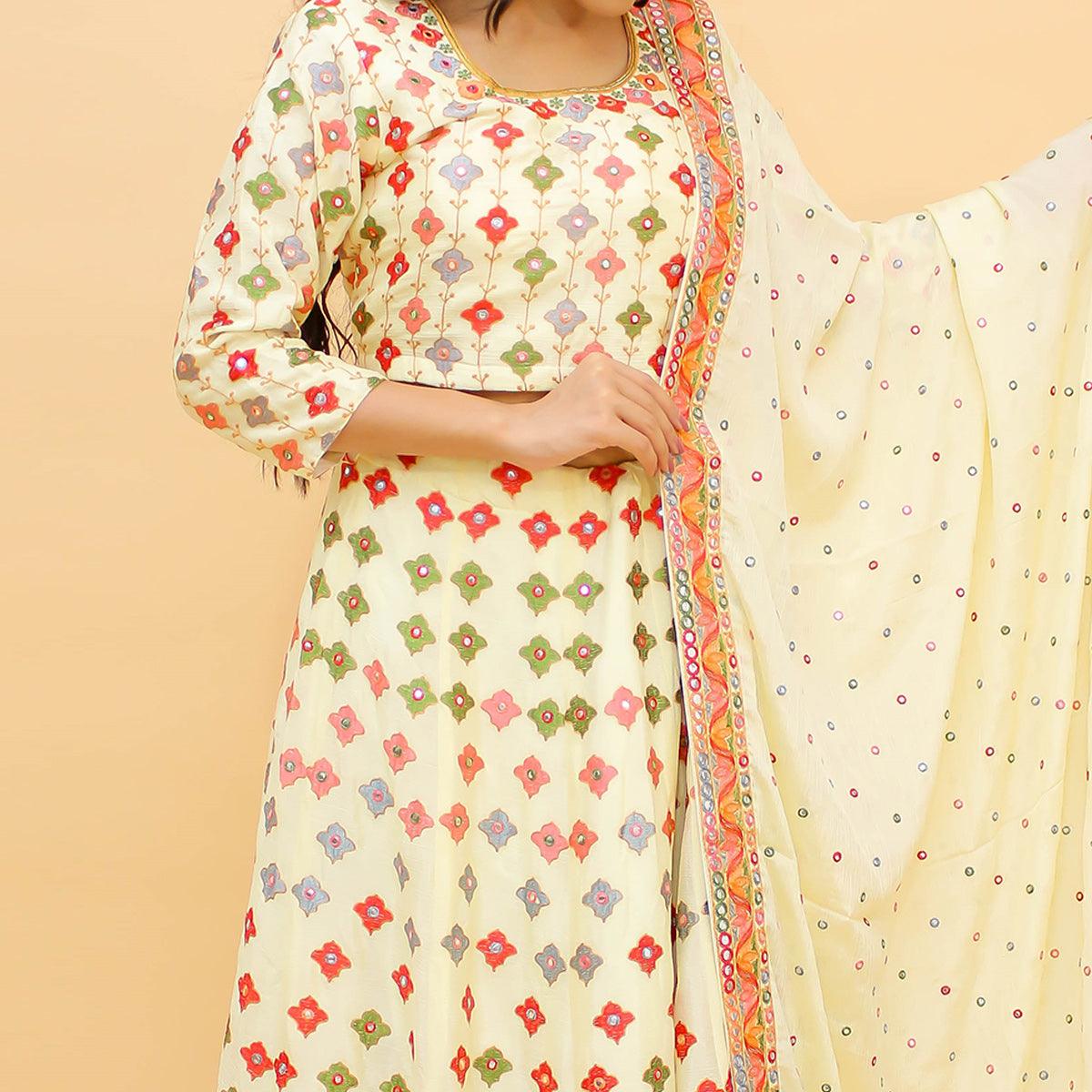 Off-White Embroidered With Embellished Chiffon Lehenga Choli - Peachmode
