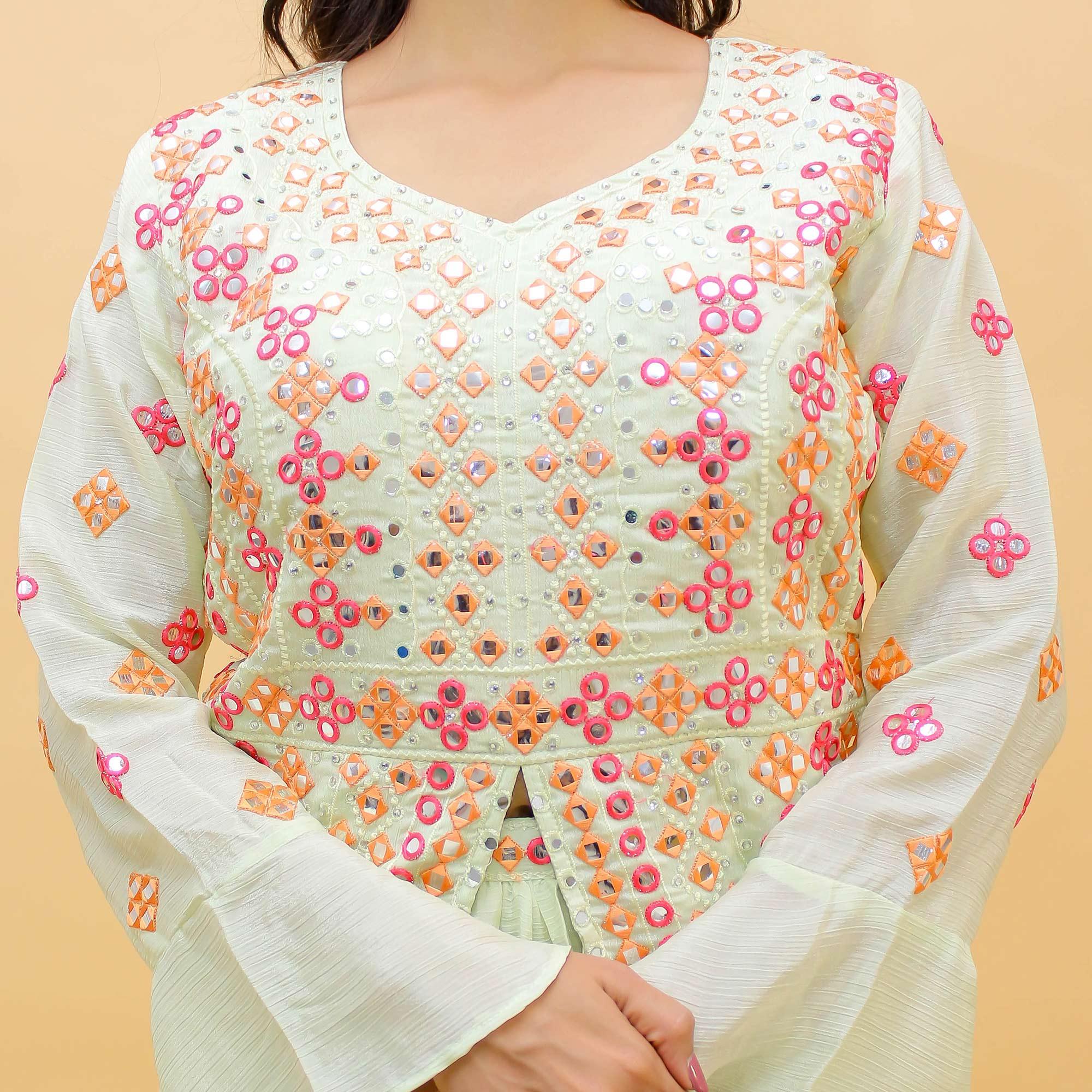 Off-White Embroidered With Embellished Chiffon Lehenga Kameez - Peachmode