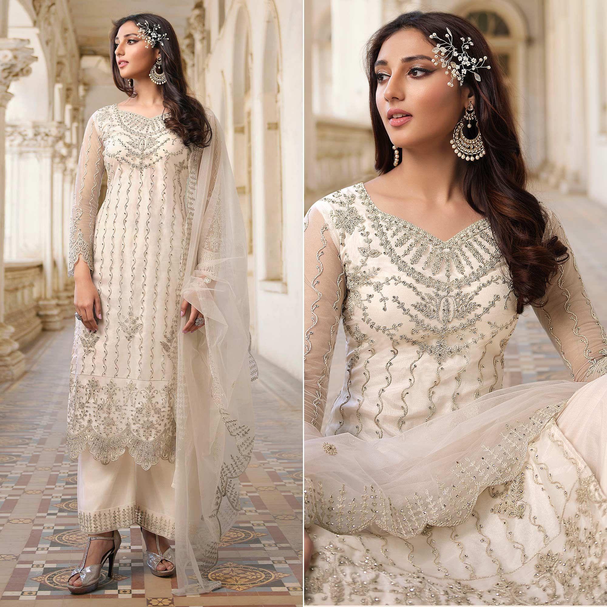 Off-White Embroidery With Embellished Net Partywear Suit - Peachmode