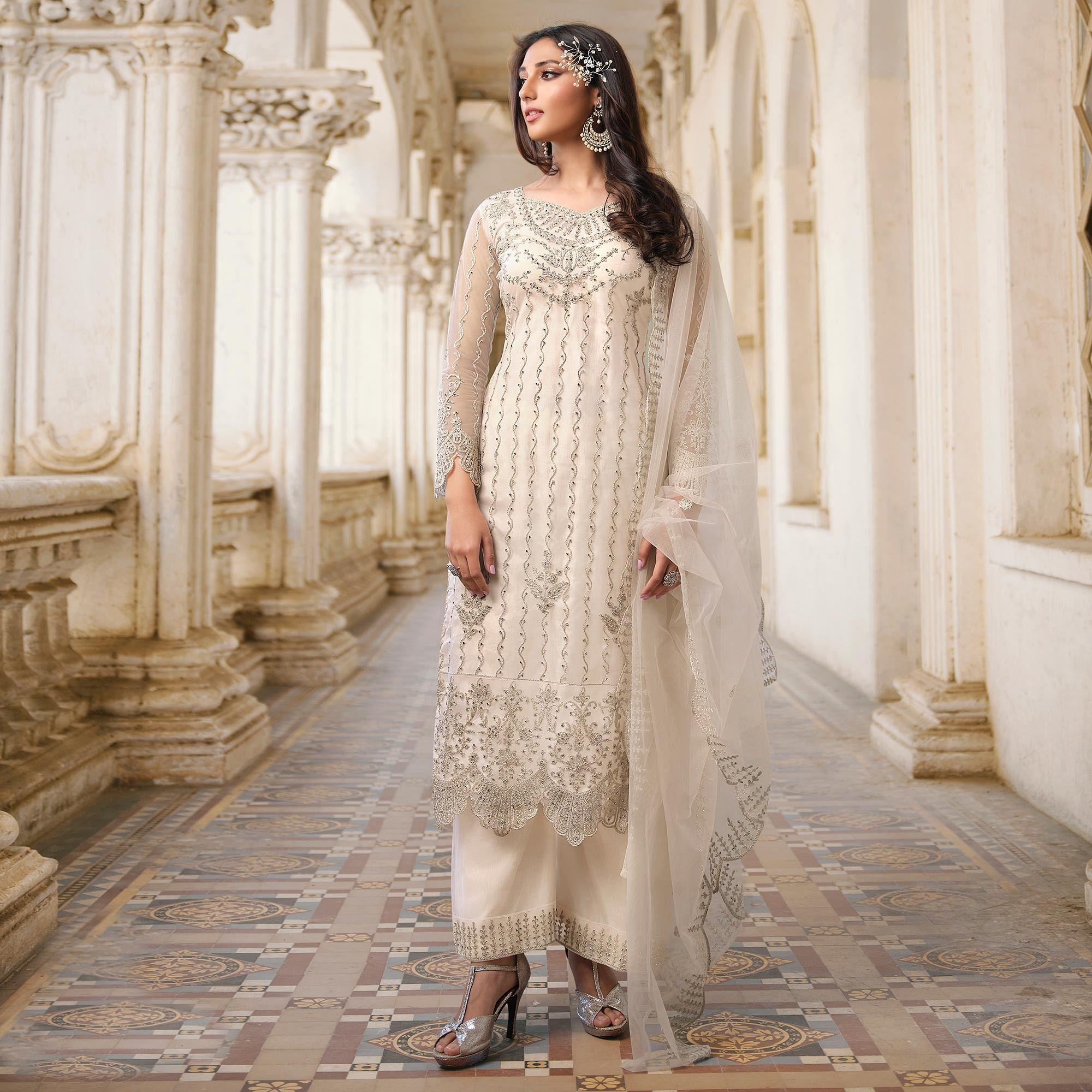 Off-White Embroidery With Embellished Net Partywear Suit - Peachmode