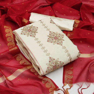 Off White Festive Wear Embroidered Chanderi Dress Material - Peachmode