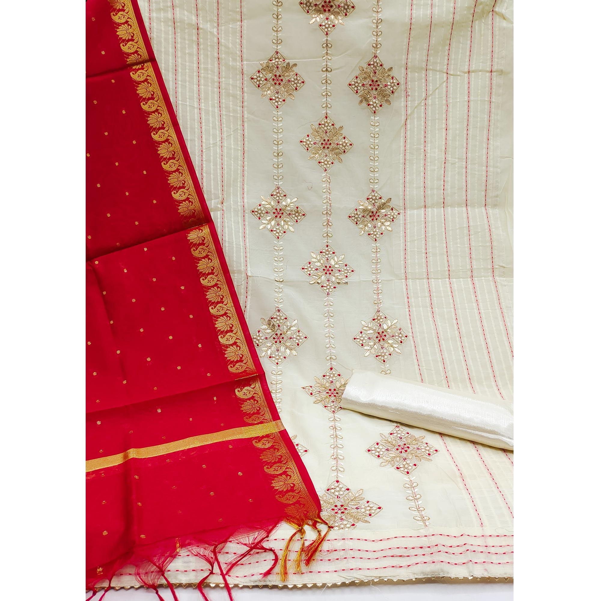 Off White Festive Wear Embroidered Chanderi Dress Material - Peachmode