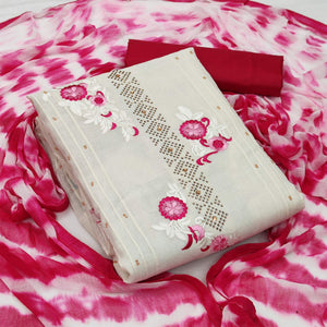 Off-White Festive Wear Embroidered Cotton Dress Material - Peachmode